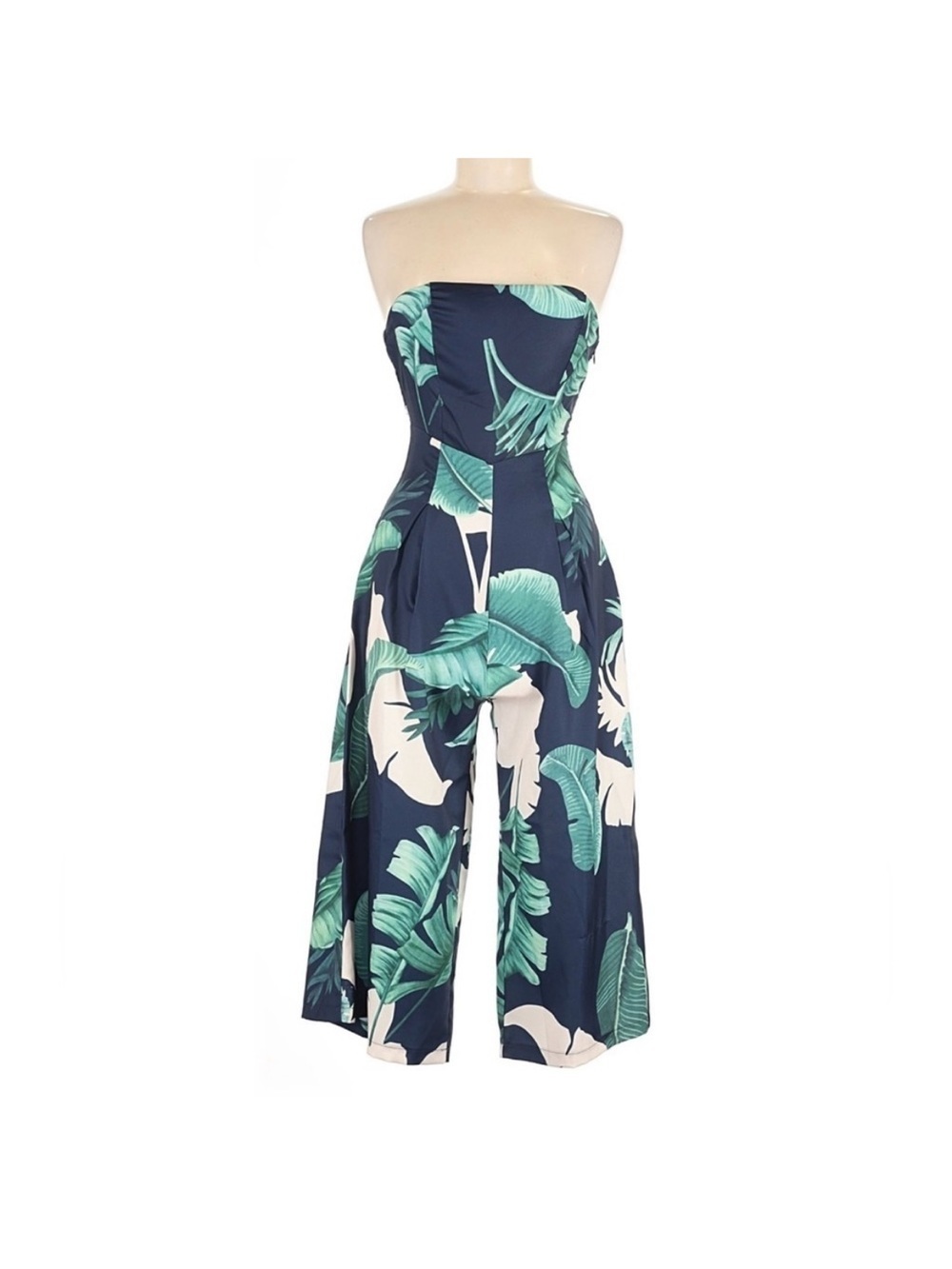 Lulus Rainforest Blooms Strapless Jumpsuit Small Navy Tropical Culotte Wide Leg - Picture 3 of 6